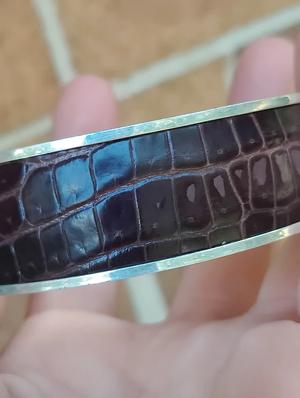 Heavy Sterling Silver Alligator Leather Signed Bangle Bracelet